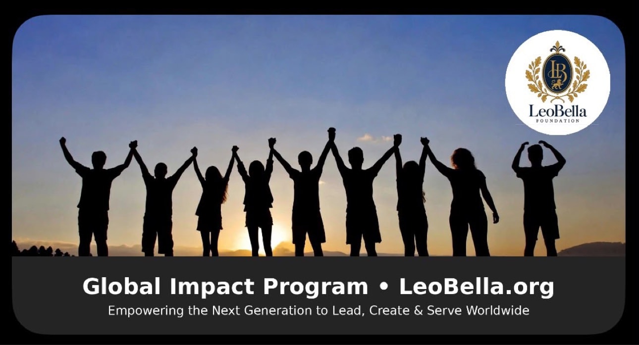 Global Impact Program — LeoBella Foundation banner with crest and sunset silhouettes
